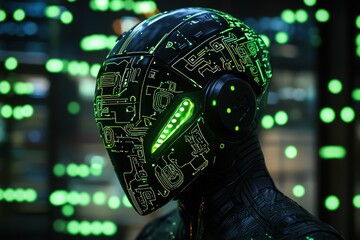 A stylized, futuristic helmet with neon green accents and intricate circuit-like patterns, set against a dark backdrop adorned with similar green circuitry motifs, suggesting high-tech gear 