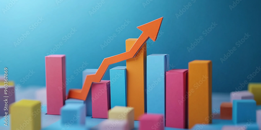 Poster 3d paper cut bar graph with growth arrow depicting business data insights