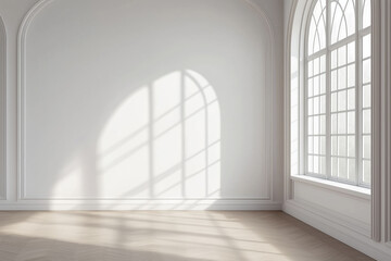 Obraz premium Spacious bright living room with arched windows, light-colored walls and wooden parquet flooring