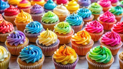 Colorful cupcakes arranged neatly on a table display