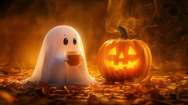 A very cute and sweet cartoon ghost made from a sheet. Beneath its feet lies a large Halloween-style pumpkin, and the ghost is drinking a beverage from the pumpkin