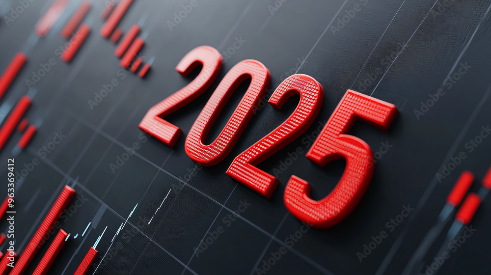 Poster 2025 sign on digital background with graphs and data visualization, representing future trends and p