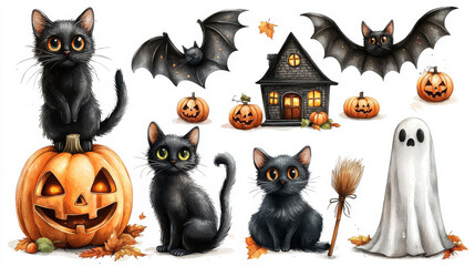 Cute black cats, pumpkins, and bats for a spooky Halloween.