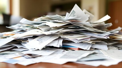 A chaotic pile of papers stacked high on a table, representing disorganization and the clutter of daily life.