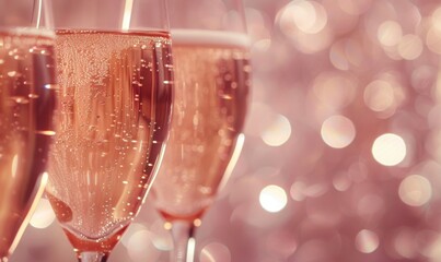 Pink rose champagne glasses close up, bokeh lights background. New year, Valentines day celebration toast festive rose gold blur pink champagne sparkle glitter web banner copy space