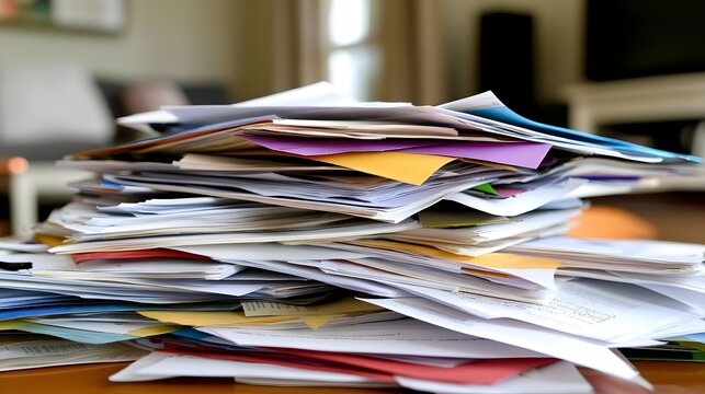 A chaotic pile of assorted papers on a table, representing clutter and disorganization in a workspace.