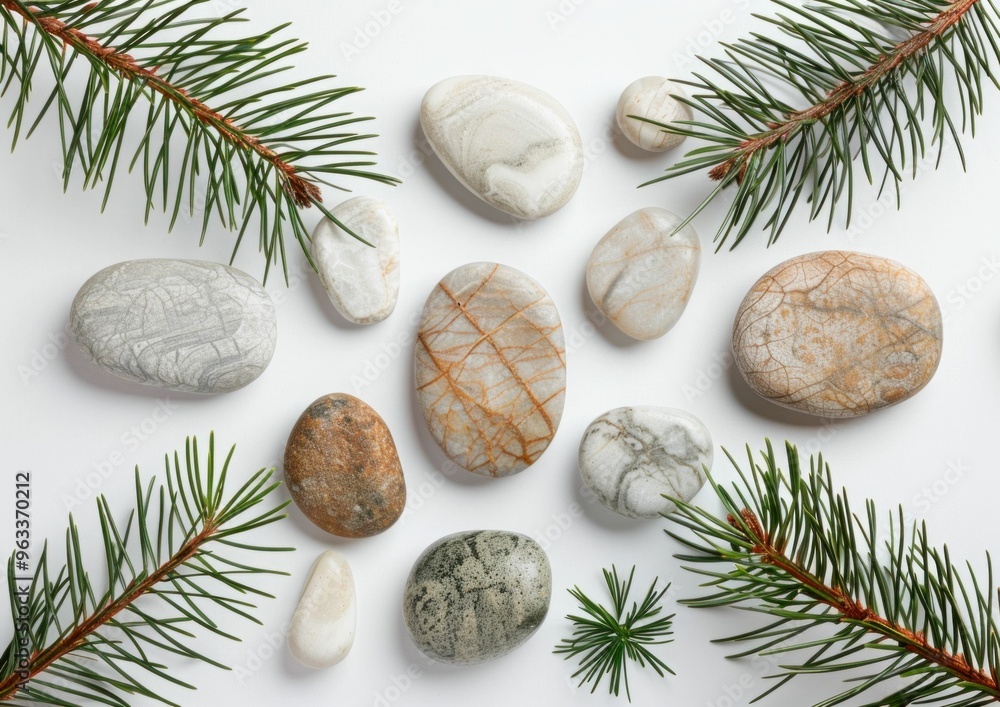 Aufkleber a collection of decorative stones arranged with pine branches on a white background various shapes a