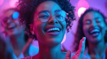 A team of colleagues in delight, clapping and laughing together in celebration, random vibrant background, medium shot, bright lighting