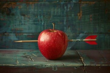 Red apple pierced by a cupid's arrow symbolizing love, romance and valentine's day