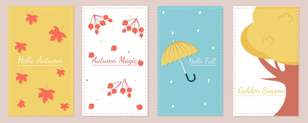 Fototapeta premium Autumn minimalistic covers or cards set. Text and seasonal elements on isolated background. Vector illustration templates.