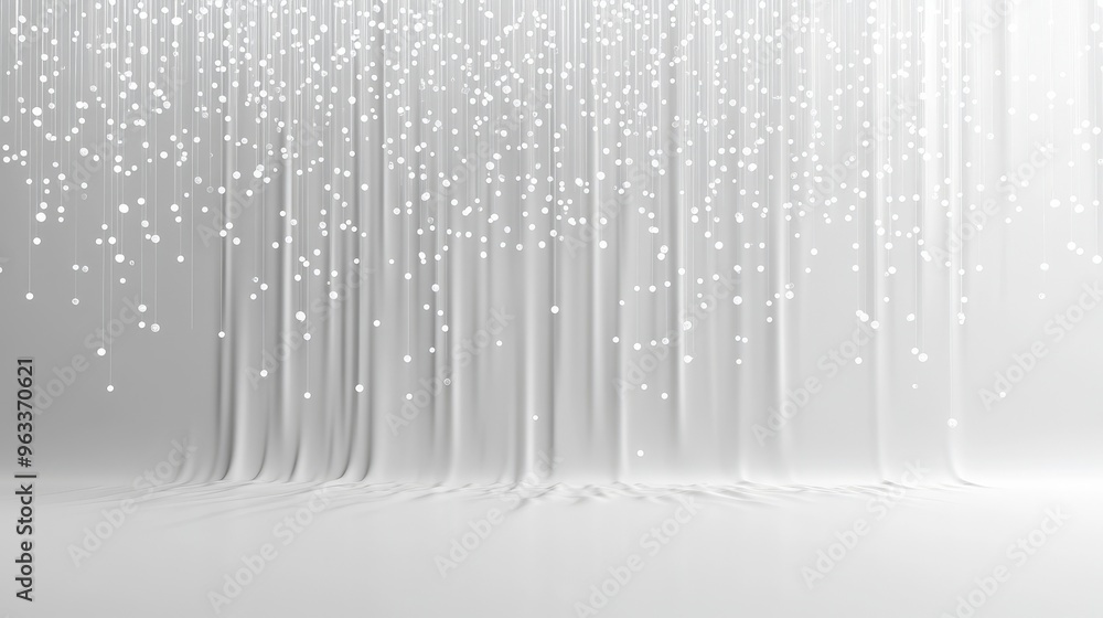 Poster abstract white background, white circles and dots flow down like a waterfall, creating a sparkling e