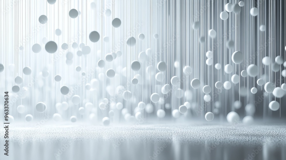 Poster abstract white background, white circles and dots flow down like a waterfall, creating a sparkling e