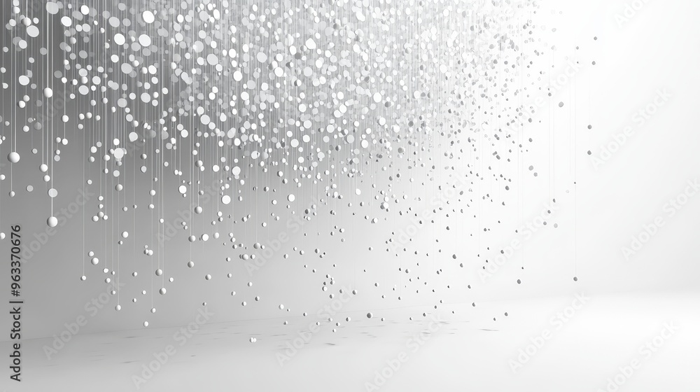 Poster abstract white background, white circles and dots flow down like a waterfall, creating a sparkling e