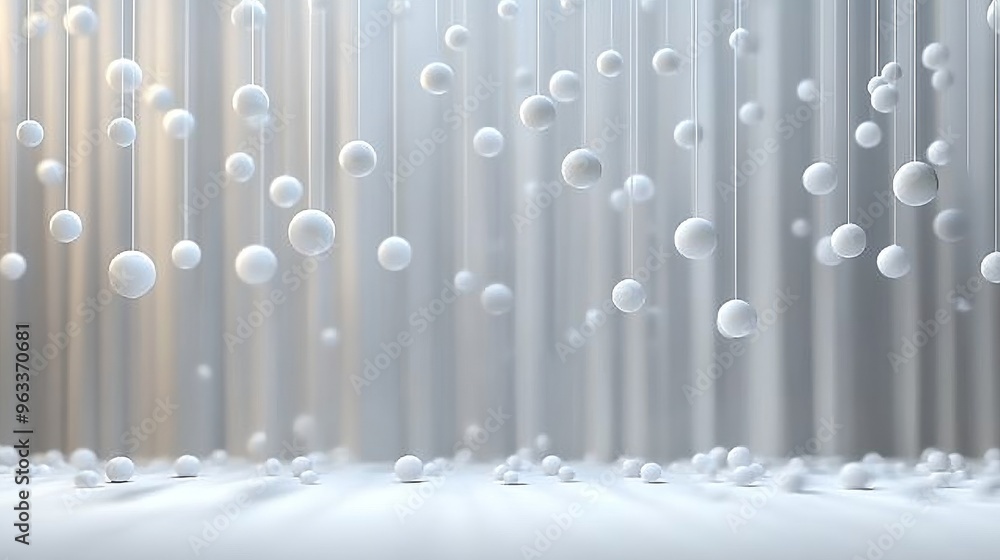 Poster abstract white background, white circles and dots flow down like a waterfall, creating a sparkling e