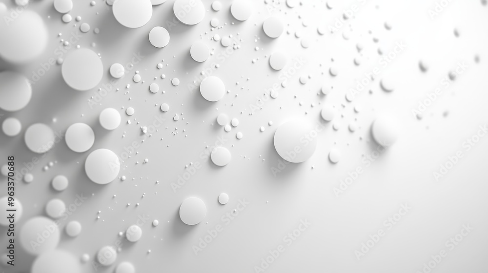 Poster abstract white background, white circles and dots flow down like a waterfall, creating a sparkling e