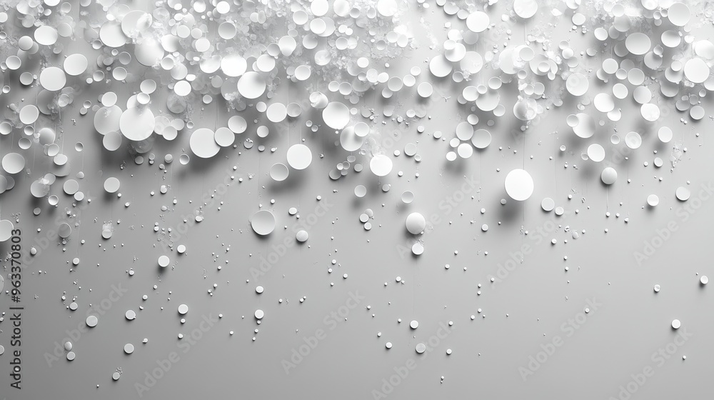Poster abstract white background, white circles and dots flow down like a waterfall, creating a sparkling e