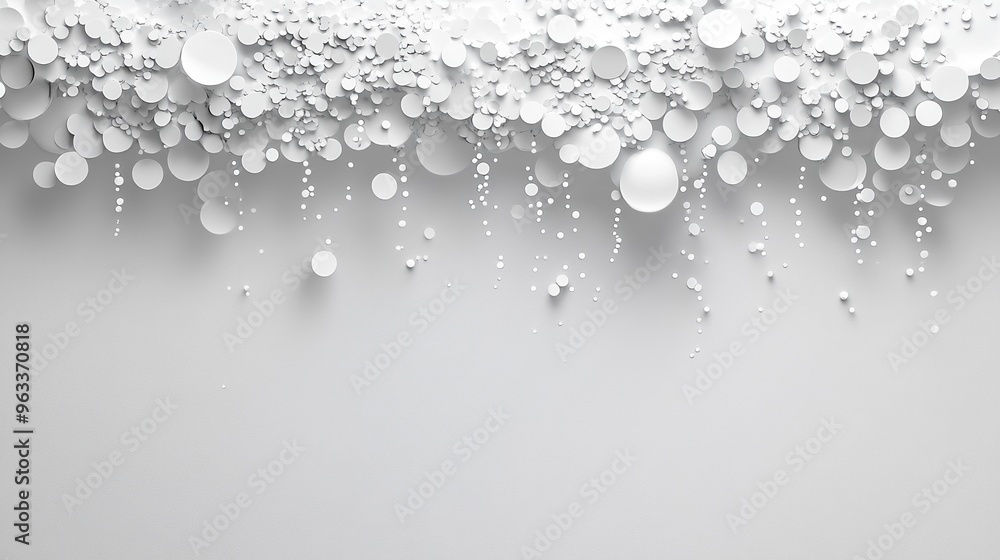 Poster abstract white background, white circles and dots flow down like a waterfall, creating a sparkling e