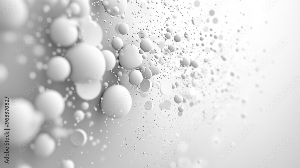 Poster abstract white background, white circles and dots flow down like a waterfall, creating a sparkling e