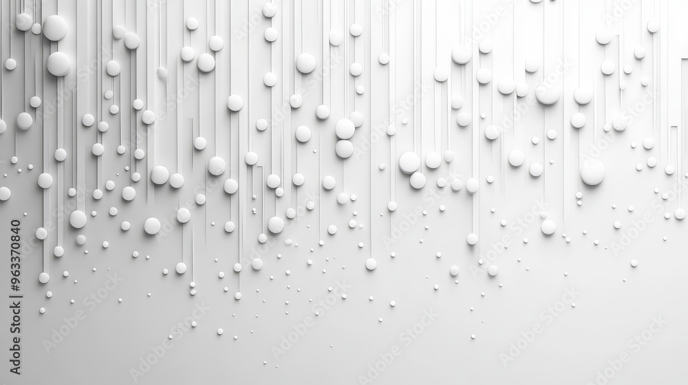 Poster abstract white background, white circles and dots flow down like a waterfall, creating a sparkling e