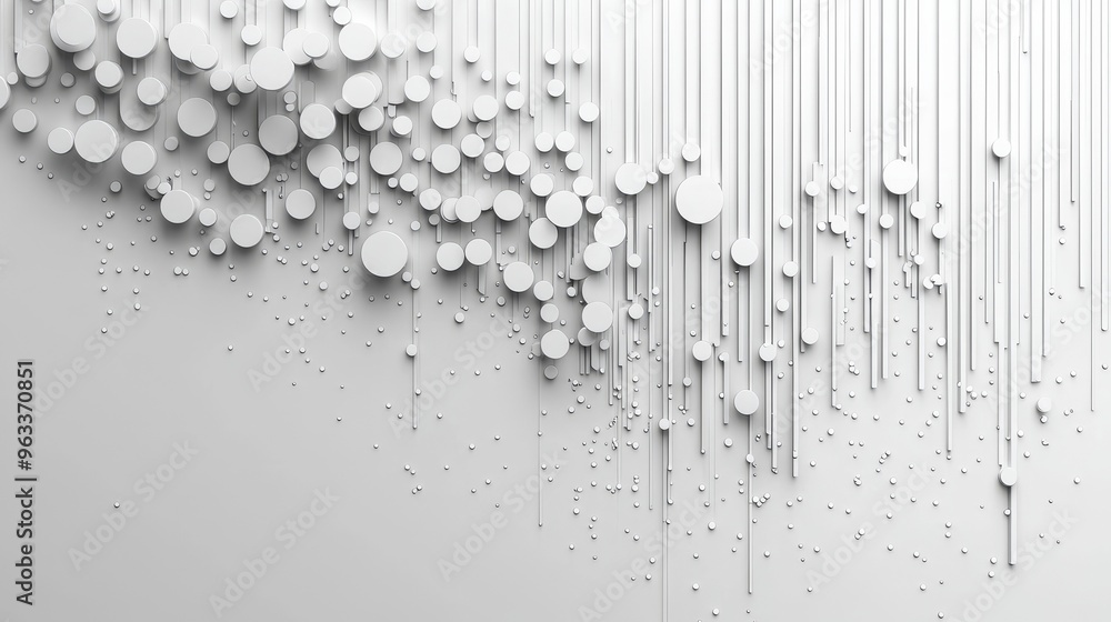 Poster abstract white background, white circles and dots flow down like a waterfall, creating a sparkling e