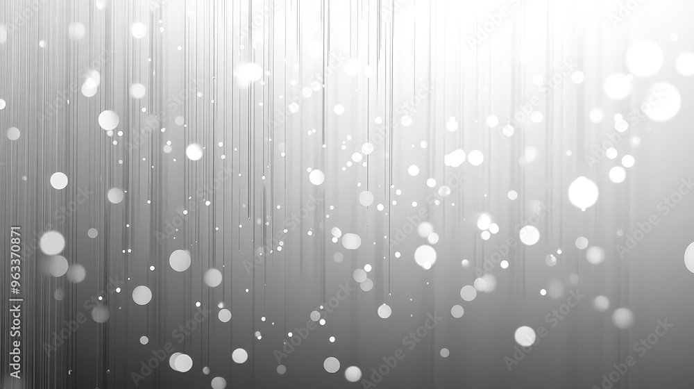 Poster abstract white background, white circles and dots flow down like a waterfall, creating a sparkling e