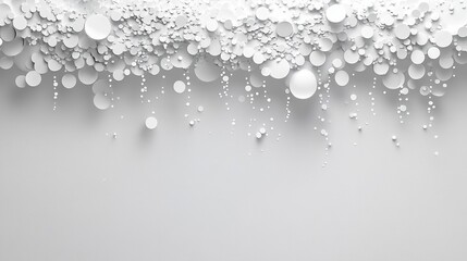 Abstract white background, white circles and dots flow down like a waterfall, creating a sparkling effect. Very suitable for modern digital backgrounds, presentations, and graphic design.