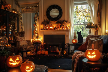 Obraz premium Warmly lit Halloween-themed living room with glowing jack-o'-lanterns, a black cat statue, candles, and festive decorations creating a cozy atmosphere. ai