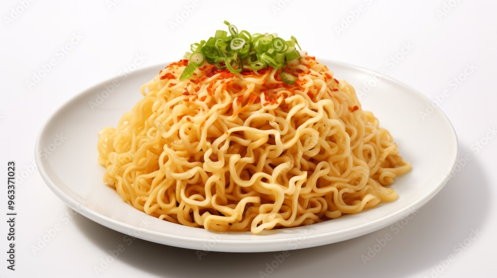 Wall mural Isolated instant noodles in white bowl. Cooked instant noodles with vegetables in bowl isolated on white background. Neural network ai generated art