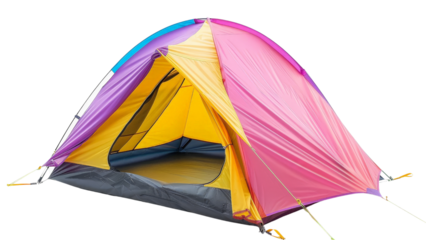 A colorful tent with a yellow and blue roof