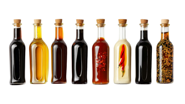 A row of bottles of condiments, including soy sauce