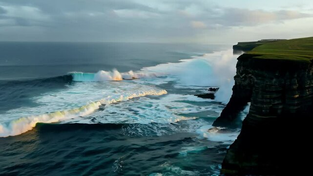 Majestic coastal cliff with powerful ocean waves crashing against rugged rocks, side-lit by the setting sun.