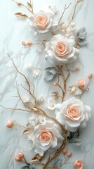 Elegant Arabic style newborn girl design, featuring delicate white and pink roses, small green leaves, and beige gold branches. There is a large blank space in the center of the composition.
