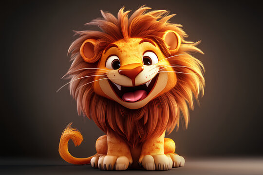 A cute, cartoon lion with a big smile and brown fur sits on a dark background.