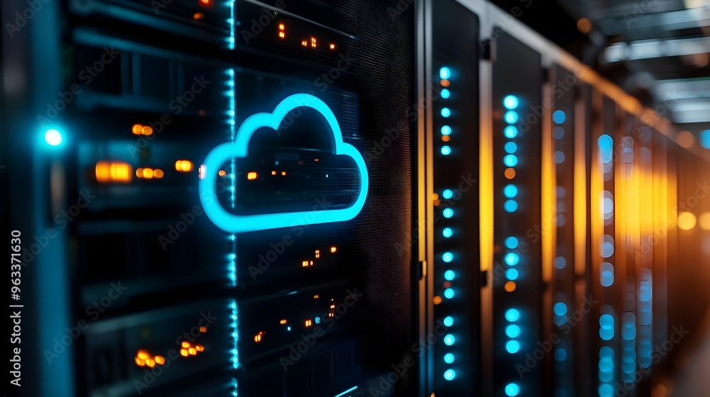 Poster a close-up view of a cloud storage icon illuminated in a modern data center, showcasing advanced tec