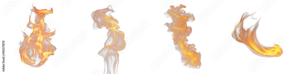Poster four realistic flames in different shapes and movements on transparent background
