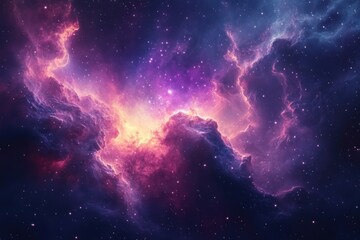 Fototapeta premium A Cosmic Nebula with Bright Pink and Yellow Glowing Clouds and Stars