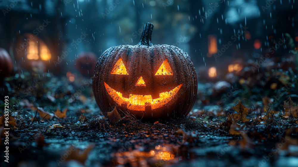 Wall mural A carved pumpkin glows in the dark, surrounded by other pumpkins and leaves, as rain falls.