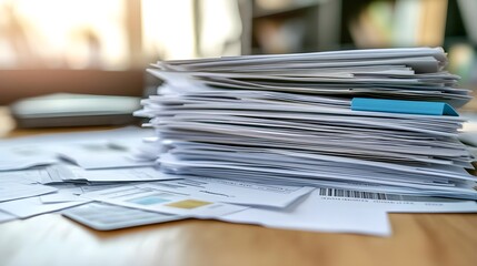 A cluttered desk scene featuring a tall stack of papers, showcasing organization challenges in an office environment.