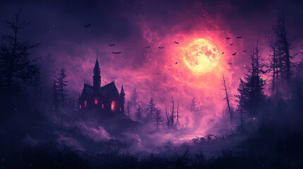 Fototapeta premium A spooky gothic castle silhouetted against a blood red moon.