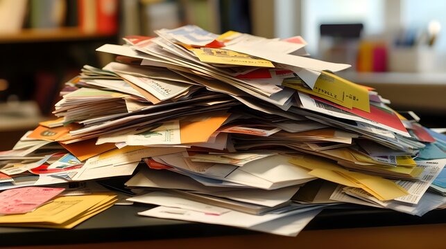 A cluttered pile of colorful letters and envelopes on a desk, symbolizing communication, organization, and chaos in daily life.