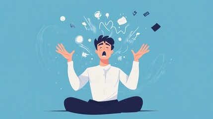 A man meditating with a mind full of chaotic thoughts, overwhelmed by stress and distractions.  depicting mental overload.