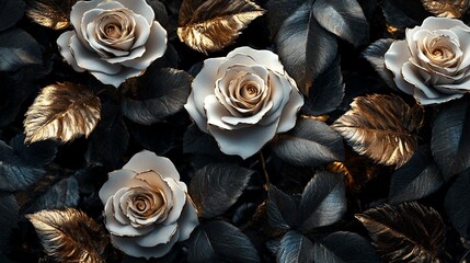 Luxurious white roses and gold leaves are elegantly placed on a black background, creating a dramatic contrast reminiscent of a movie. Exquisite decoration or artistic projects.