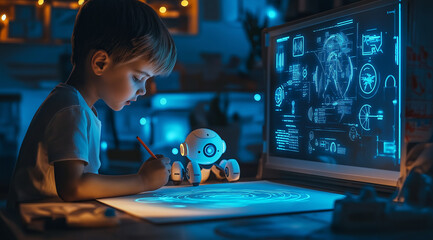 A boy drawing on a holographic desk with his AI robot, surrounded by futuristic tech and glowing digital blueprints.

