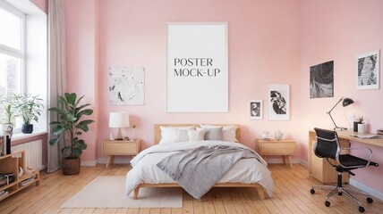 An empty photo frame on the wall interior mockup design, An empty bedroom interior design illustration template image.