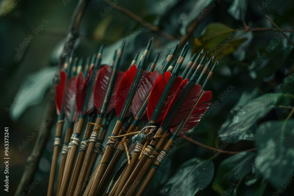 Poster red and black fletching is a sharp contrast to the bamboo shafts of these arrows as they wait to be 
