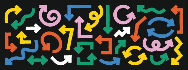 Various grunge brush drawn arrows. Curved brush strokes with scratches. Vector illustration.