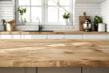 Empty wooden tabletop with blurred kitchen background