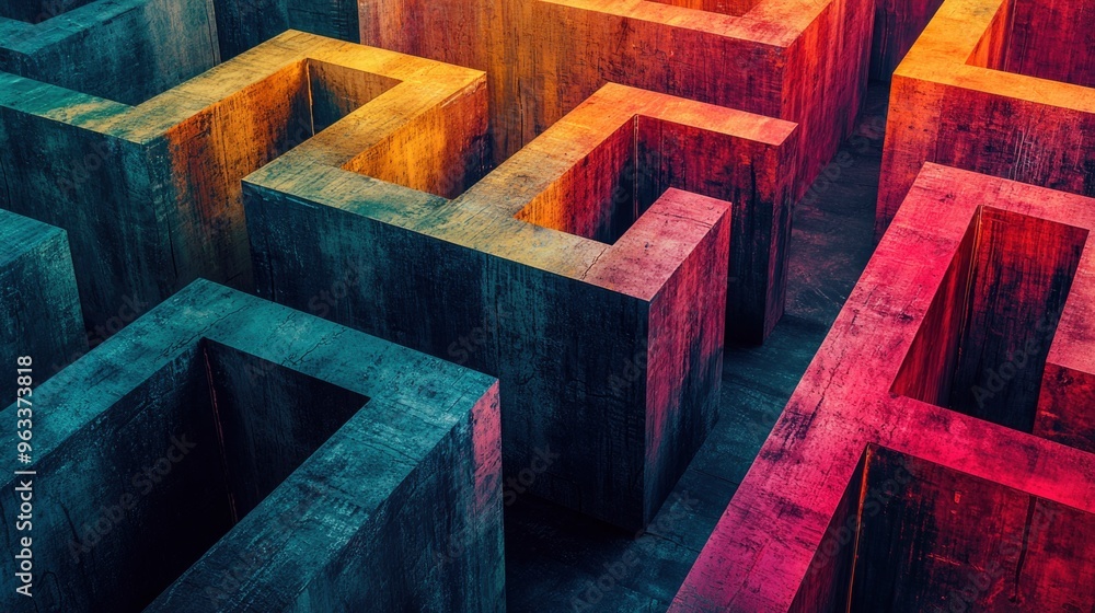 Poster colorful abstract maze created with concrete blocks, illuminated in vibrant hues, showcasing intrica