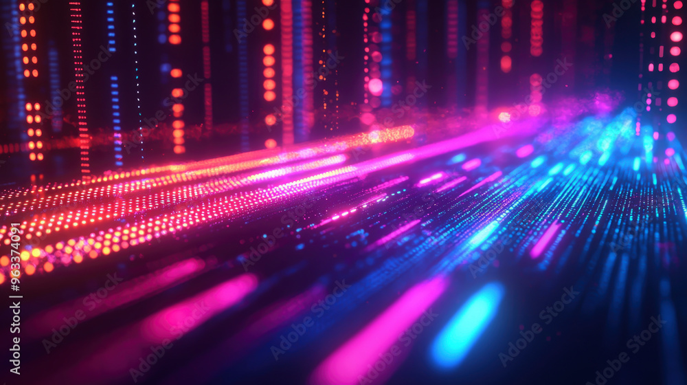 Poster vibrant lines of illuminated dots flow through a digital landscape, creating a mesmerizing visual sp