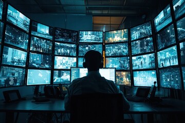 A security monitoring room equipped with multiple CCTV screens, vigilantly overseeing various spaces.